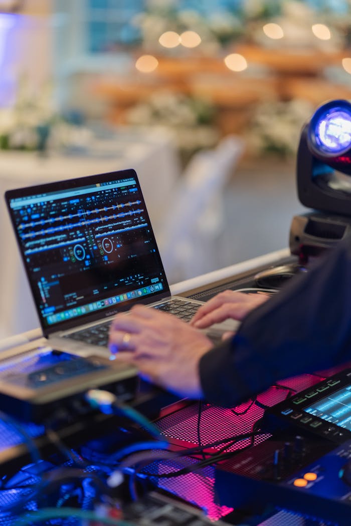 Offerings DJ performing live music mix at a party event with dynamic lighting and sound equipment.